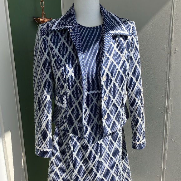 Vintage 60s 70s Navy and White Diamond Print Jacket and Dress Set - Picture 2 of 13